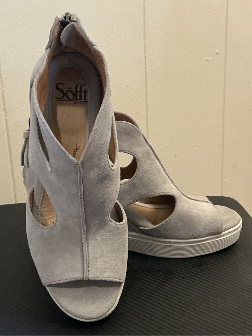 Sofft Light Gray Suede Cutout Peep-Toe Wedges